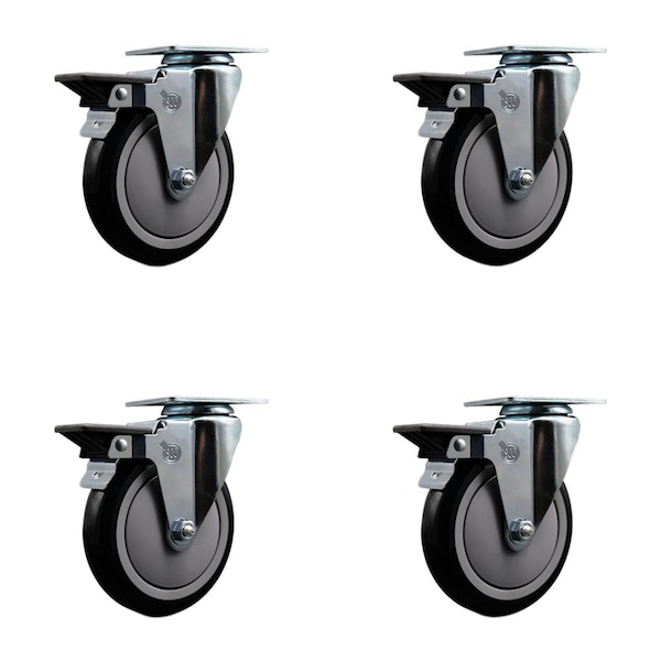 5'' Black Poly Wheel Swivel Top Plate Caster Set Posi Brake, 4PK